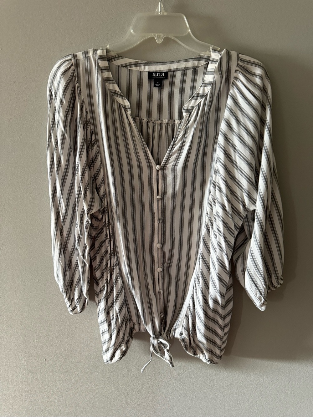 a.n.a Striped Tie-Hem Button Front Blouse in Gray and White